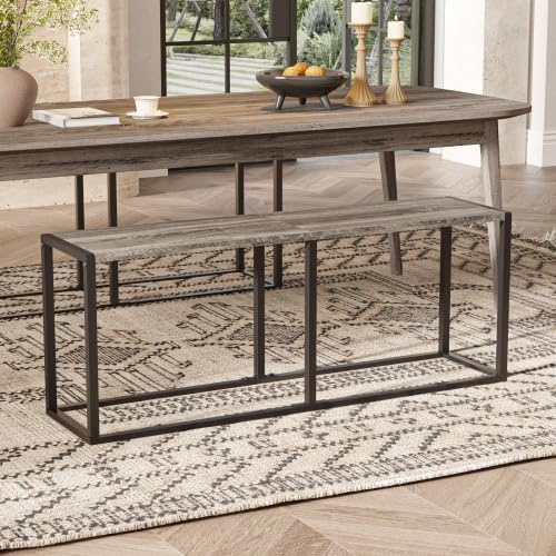 VINGLI Industrial Dining Bench for Dining Room, 47.2 Inch Gray Kitchen Table Bench Heavy-Duty Metal Frame, Dining Table Bench with Non-Slip Foot Pads for Entryway, Living Room & Small Spaces