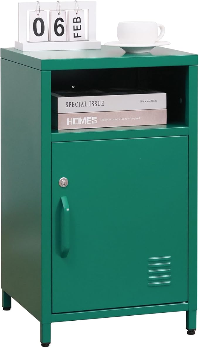 ALBAD Compact Metal Nightstand with Lockable Cabinet and Open Shelf, Modern Bedside Table, Versatile Side Table for Bedroom, Living Room, or Office (Green, 26" H-Lockable Door)