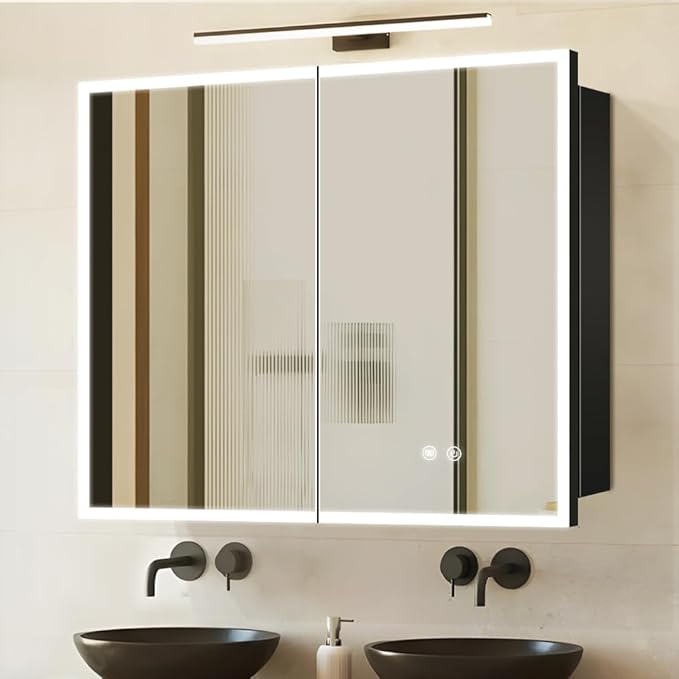 LED Medicine Cabinet with Light,36×32inch,Recess Mirror Cabinet for Bathroom,3 Color,Dimmable,Demister,Detachable Side Plate,Recess Mount or Surface Mount