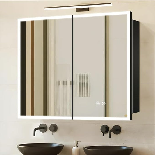 LED Medicine Cabinet with Light,36×32inch,Recess Mirror Cabinet for Bathroom,3 Color,Dimmable,Demister,Detachable Side Plate,Recess Mount or Surface Mount