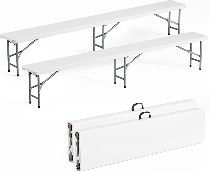 VINGLI 8 feet Plastic Folding Bench,Portable in/Outdoor Picnic Party Camping Dining Seat, Garden Soccer Multipurpose Entertaining Activities, Smooth HDPE Tabletop (2, White, 8ft)