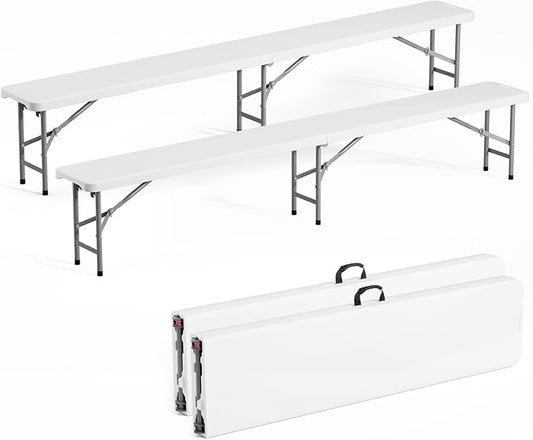 VINGLI 8 feet Plastic Folding Bench,Portable in/Outdoor Picnic Party Camping Dining Seat, Garden Soccer Multipurpose Entertaining Activities, Smooth HDPE Tabletop (2, White, 8ft)