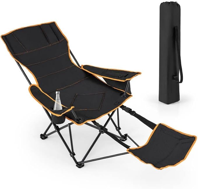 Giantex Hammock Camping Chair, Folding Chairs for Outside, Foldable Chair with Footrest, Adjustable Backrest, Padded Cushion, Carry Bag, Cup Holder, Collapsible Chair for Backpacking, Beach (1, Black)