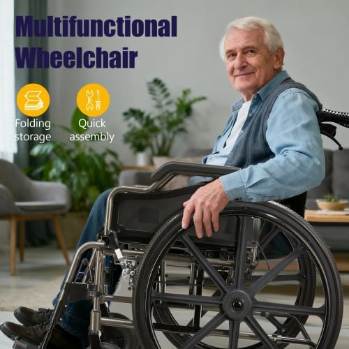 Lightweight Aluminum Alloy Transport Wheelchair for Adults - 20" Wide Seat with Front/Rear Locking Brakes, 24" Quick-Release Wheels, Foldable Design, 350 lbs Capacity (Grey)
