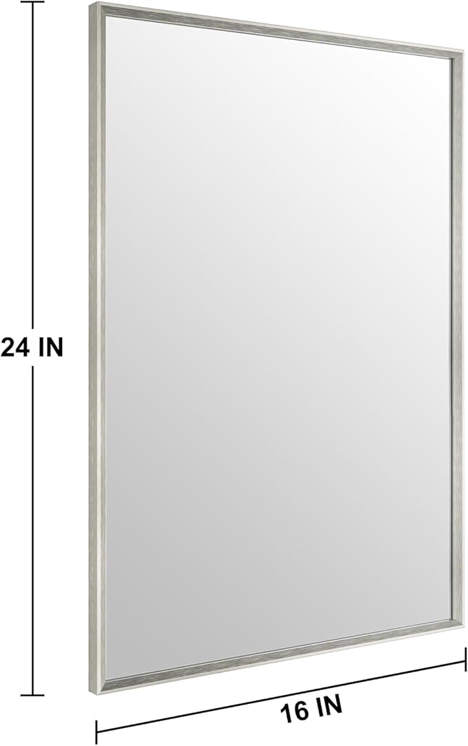 Bathroom Mirror for Wall, 16x24 Inch Metal Framed Mirror, Brushed Nickel Rectangle Mirror, Bathroom Vanity Mirror Farmhouse, Tempered Glass, Anti-Rust, Hangs Horizontally or Vertically