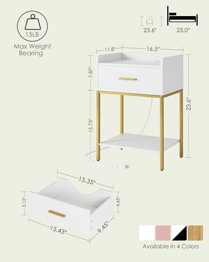 Nightstand with Charging Station, Modern Bedside Table with Drawer and Legs,White and Gold Night Stand with Open Shelf, Narrow Side Table for Bedroom, Living Room