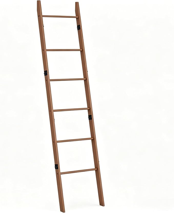 BAMBANG 6-Tier Blanket Ladder for Living Room, Blanket Quilt Ladder Rack Rustic Decorative Towel Holder, Wall Leaning Blanket Ladder Shelf Storage Farmhouse Decor for Bedroom Bathroom, Tea Brown