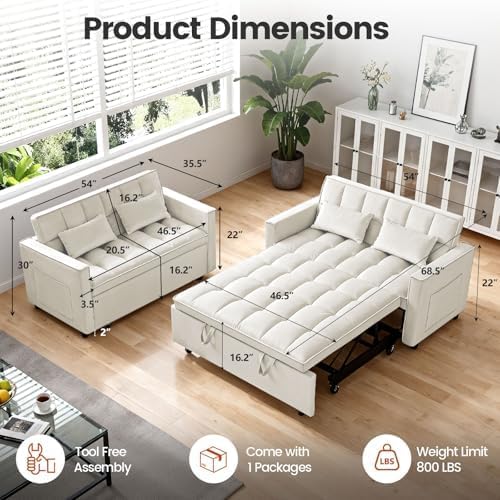 Convertible Sofa Bed, Pull Out Couch with Side Pockets, 3 in 1 Velvet Fabric Loveseat Sleeper Sofa Bed, Pull Out Couch with Adjustable Backrest for Living Room, Bedroom, Apartment, White