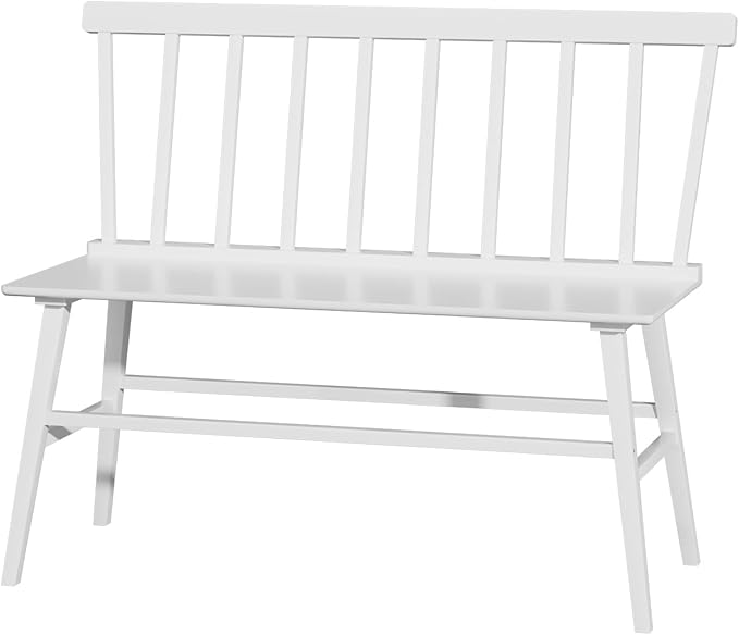 WISUCART Dining Bench for Kitchen & Dining Room – Bamboo Wood Bench with Spindle Back & Armrests, Farmhouse Entryway Bench, Indoor Bedroom Bench, Versatile Entry Bench & Outdoor Bench Seating（White）