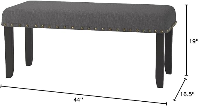 Roundhill Furniture Biony Fabric Dining Bench with Nailhead Trim, Grey