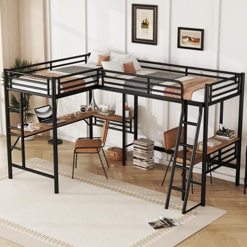 Harper & Bright Designs Twin Size Loft Bed with L-Shaped Desk, Metal Loft Bed Frame with Ladder for Kids Teens Boys Girls, No Box Spring Needed, Space Saving, Black