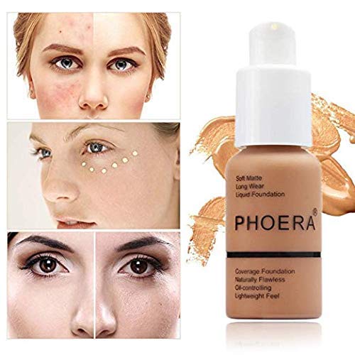 PHOERA Foundation,Flawless Soft Matte Oil Control Liquid Foundation Full Coverage Face Makeup. (101# Porcelain)