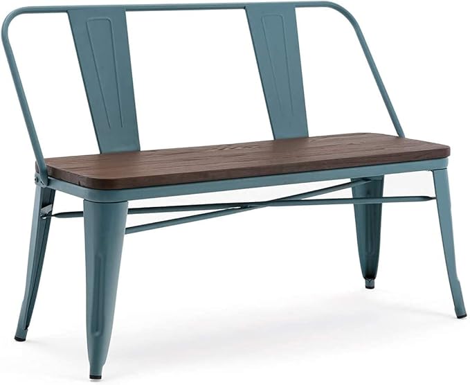 YOLENY Dining Bench, Entryway Bench with Back, Farmhouse Metal Dining Bench, Industrial Mid-Century 3 Person Rustic Spindle Bench, with Wood Seat, Removable Backrest, 42in, Blue