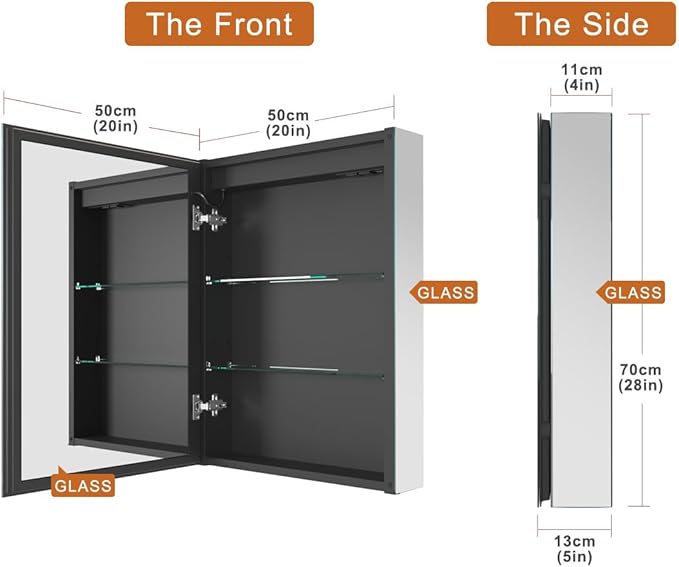 GANPE LED Lighted Bathroom Medicine Mirror Cabinet with Sockets & USBs, Anti-Fog Dimmable Light and Color Adjustment, Easy to Install Aluminum Cabinet (20 * 28 Left Hinge)