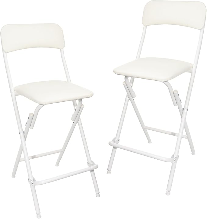Amazon Basics Folding Bar Stool with Footrest, Portable, Sturdy, Space-Saving Storage, 300lb Capacity, 24" Height, White, Set of 2