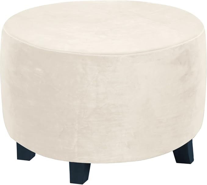 H.VERSAILTEX Ottoman Covers - Round Ottoman Slipcover, Footstool Protector, Storage Stool Covers - Stretch with Elastic Bottom, Real Velvet Plush Fabric (X-Large, Ivory)
