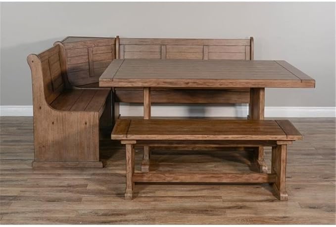 Pemberly Row 75" x 56" Farmhouse Wood Breakfast Nook Set with Table, Lift Seats, Hidden Storage, Reversible Benches, for Small Spaces, in Buckskin/Taupe Brown Finish
