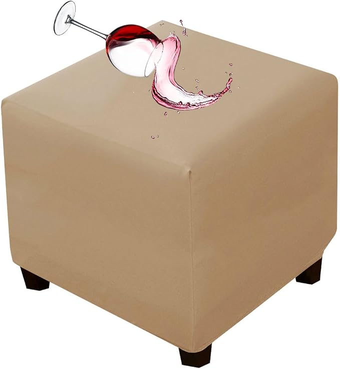 Waterproof Ottoman Cover Square Stretch PU Soft Folding Storage Ottoman Cover with Elastic Bottom Cube Footrest Foot Stool Slipcovers Machine Washable(Medium/Light Coffee)