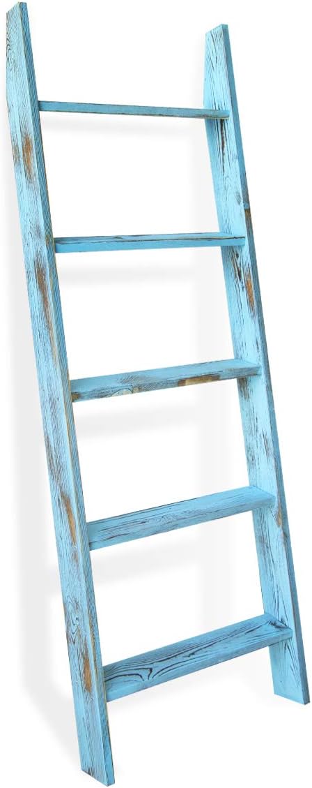 Honest Blanket Ladders for the Living Room, 5-Tier Blanket Holder, Wall-Leaning Blanket Rack, Ladder Shelves, Wooden Quilt Ladder, Farmhouse Decor, Blue