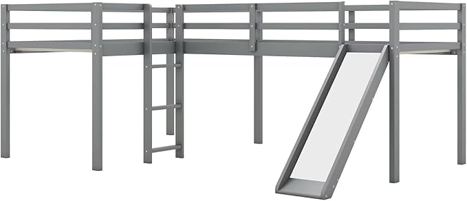 Merax Twin Size Double Loft Bed with Slide and Ladder, Wooden L-Shaped Bed Frame with Full-Length Guardrail, Wood Bedframe for Kids Teens Adults Bedroom, 2 Twin Beds, Grey