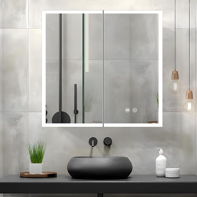 LED Medicine Cabinet with Light,30×32inch,Recess Mirror Cabinet for Bathroom,3 Color,Dimmable,Demister,Detachable Side Plate,Recess Mount or Surface Mount