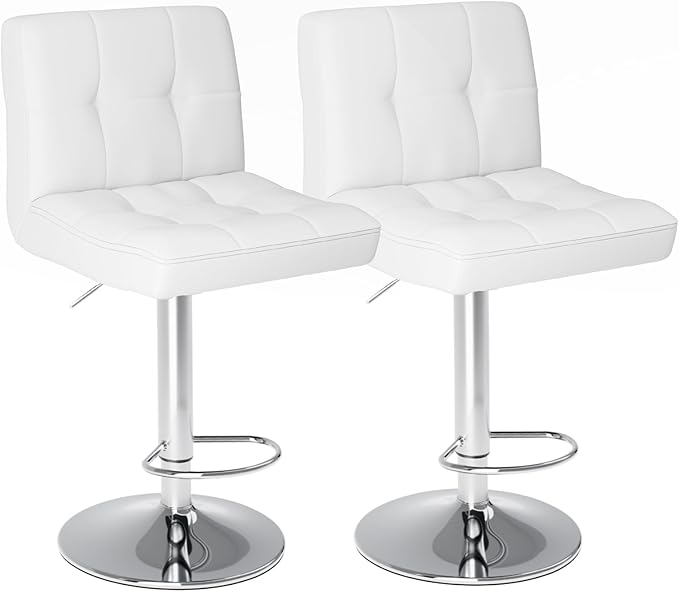 Sweetcrispy Bar Stools Set of 2, Armless PU Leather Adjustable Swivel Barstools, Hydraulic Kitchen Counter Height Thickened Seat Cushion Square Island Countertop Chairs with Back, White