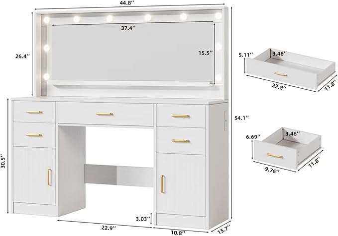 TOKSOM Large Vanity Desk with Lighted Mirror & Power Outlet, White Makeup Vanity Desk with Mirror and Lights, White Vanity Table with 5 Drawers and 2 Cabinets, Dressing Table for Bedroom 44.8 inch