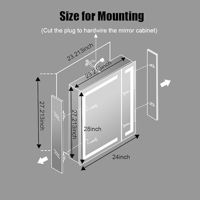 LED Medicine Cabinet,Bathroom Mirror Cabinet with Lights,24×28inch,Equip with Internal Light,Aluminum Construction,USB Shaver Socket,3 Color,Dimmer,Demister,Surface Mounted and Recess Mounted