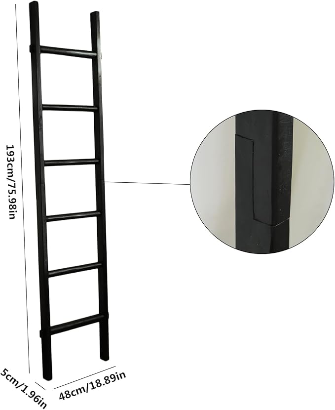 Wooden Blanket Ladder - Natural & Motley Wood - Leaning Wall Decor for Bedroom, Bathroom, Living Room - Rustic Quilt Holder & Towel Rack (Black Wood Color, 76in（6-Tier）)