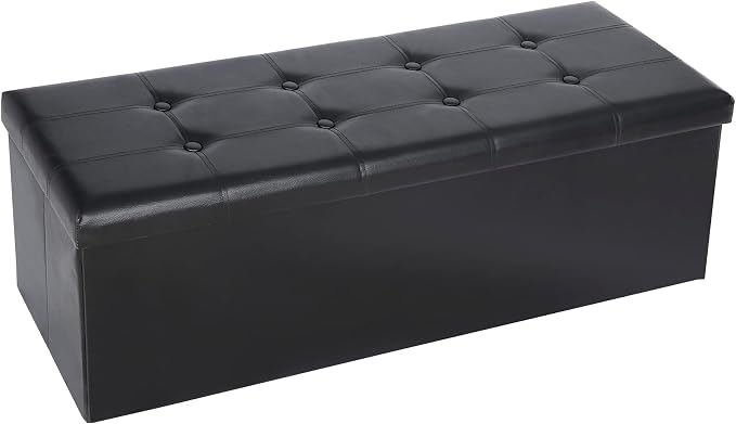 ZenStyle 43Inches Folding Storage Ottoman Bench, Faux Leather Footrest with Foam Padded Seat, Storage Chest Long Shoes Bench for Living Room, Entryway, Bedroom, Holds up to 660 lbs (Black)