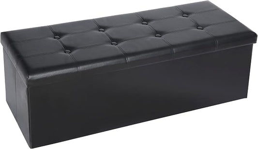 ZenStyle 43Inches Folding Storage Ottoman Bench, Faux Leather Footrest with Foam Padded Seat, Storage Chest Long Shoes Bench for Living Room, Entryway, Bedroom, Holds up to 660 lbs (Black)
