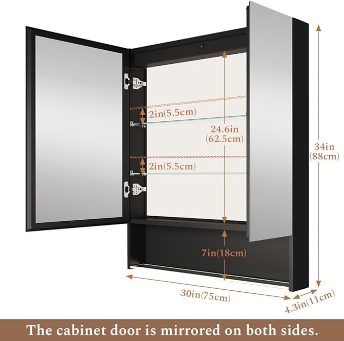 30"×34" LED Lighted Medicine Cabinet with Backlight, Adjustable Brightness 3 Color Temperature Lighting Anti-Fog Mirror 2 Socket & 2 USB Ports & Adjustable Shelf Wall Mounted