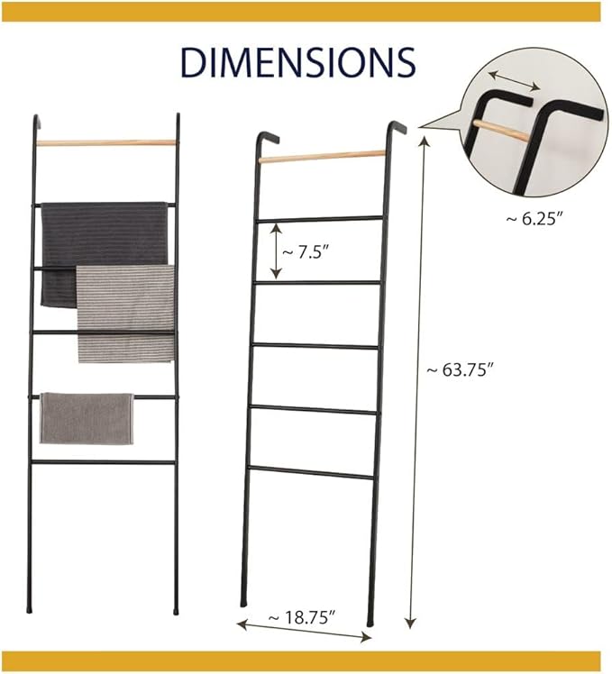 Wall Leaning Ladder Rack for Household Fabrics, Clothing, Interior Decoration, Black