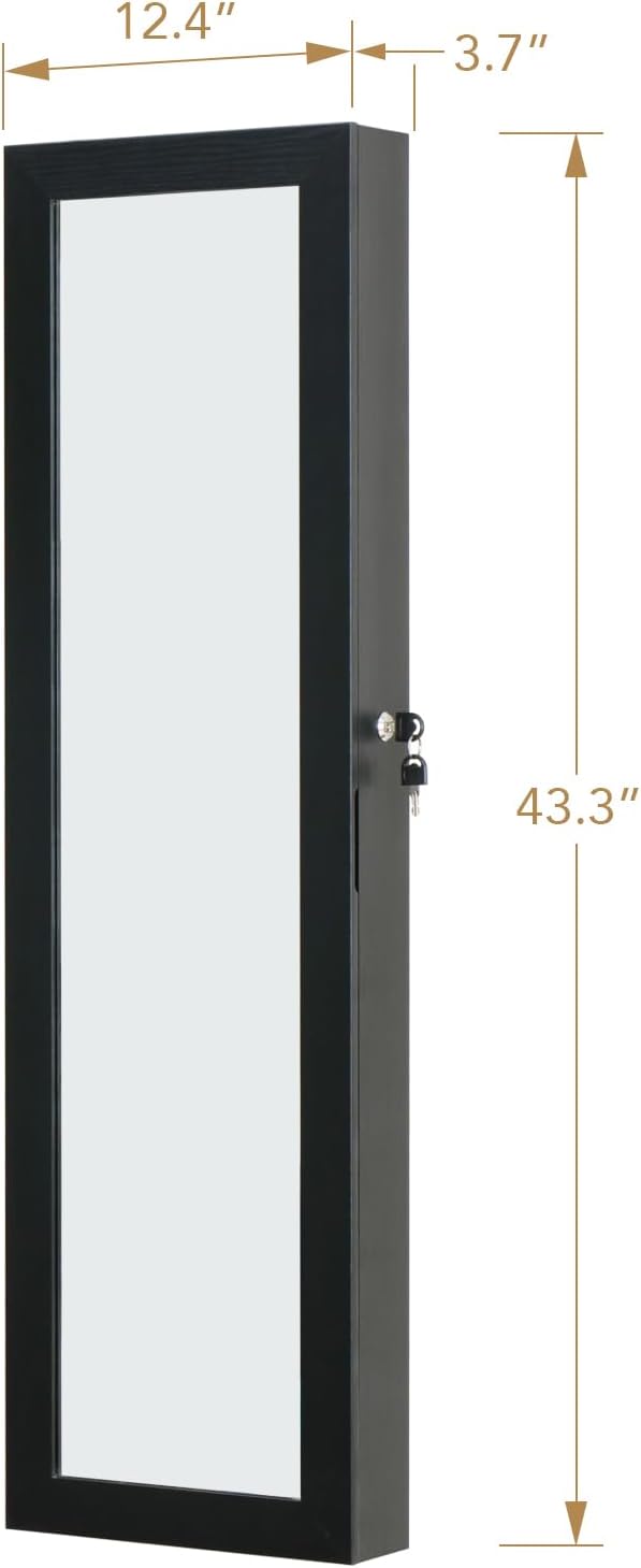 Full Length Mirror Jewelry Cabinet Organizer Lockable Door Wall-Mounted Jewelry Armoire with Shelves and Behind the Door Storage Black