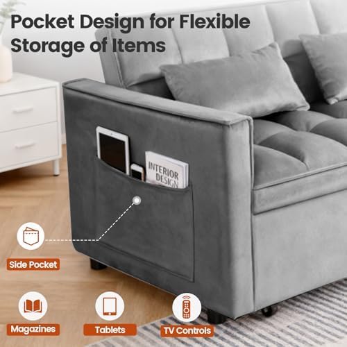 3 in 1 Convertible Sleeper Sofa Bed, Velvet Fabric Loveseat Sofa Bed with Adjustable Backrest & Large Side Pockets, Pull Out Couch for Small Spaces, Apartment, Living Room, Dark Gray