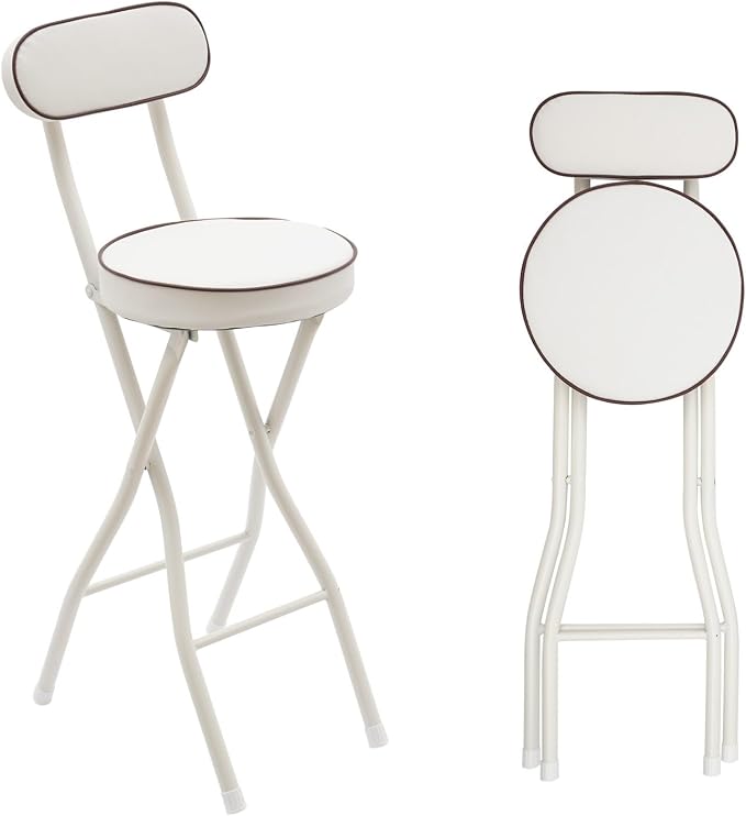 2 PCS Folding Stool with Back 38.5 inch Tall Foldable Stool with Cushioned Padded Folding Bar Stools Metal Portable Chair Stools for Outdoor Indoor Kitchen Shop Cafe Garden Camping (White)