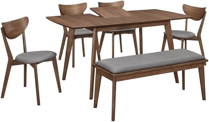 MAKLAINE 6-Piece Wood Dining Room Set, Natural Walnut Finish, Gray Upholstered Seats, Solid Asian Hardwood, Mid-Century Modern Design, Includes Table, 4 Chairs, Bench, Family Dining Room Furniture