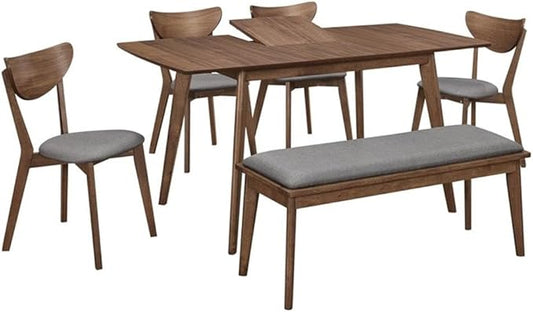 MAKLAINE 6-Piece Wood Dining Room Set, Natural Walnut Finish, Gray Upholstered Seats, Solid Asian Hardwood, Mid-Century Modern Design, Includes Table, 4 Chairs, Bench, Family Dining Room Furniture