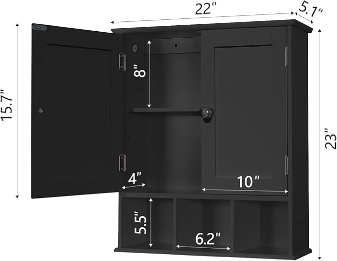 TaoHFE Black Bathroom over the Toilet Storage Cabinet, Wall Medicine Cabinet Organizer with 2 Door Adjustable Shelves, Wooden Modern Bathroom Shelves Wall Mounted Laundry Room, 21L x 5.1W x 23H Inches