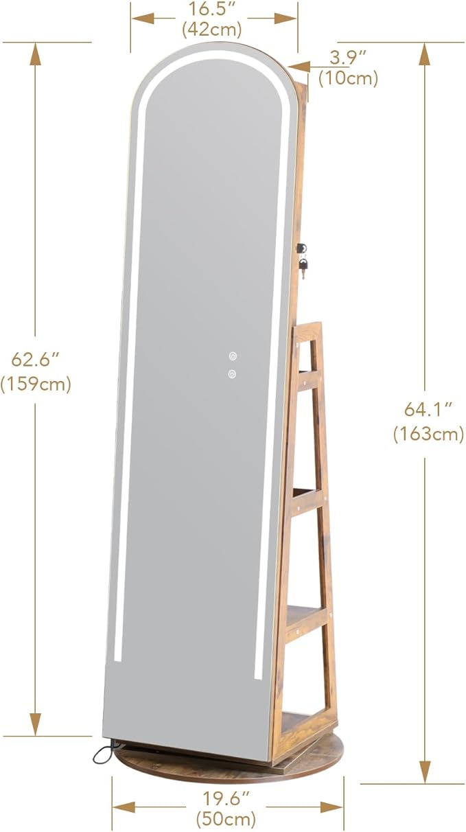 Arched Mirror Jewelry Armoire,3 Color LED Swivel Jewelry Storage Cabinet Interior LED Lights,Full Length Mirror Floor Standing Jewelry Organizer with Storage Shelves (Rustic Brown)