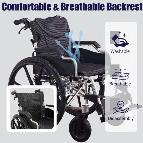 Lightweight Aluminum Alloy Transport Wheelchair for Adults - 18" Wide Seat with Front/Rear Locking Brakes, 24" Quick-Release Wheels, Foldable Design, 275 lbs Capacity (Bright Silver)
