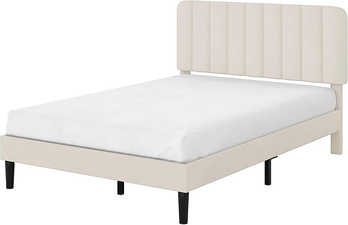 VECELO Queen Size Bed Frame with Upholstered Headboard, Velvet Platform Bedframe Mattress Foundation, Strong Wood Slat Support, No Box Spring Needed,Bone Beige