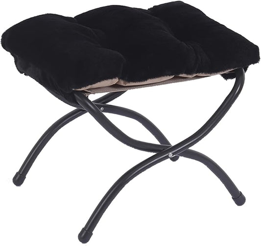 Welnow Folding Foot Stool, Upholstered Small Accent Ottoman with Detachable Thick Cotton Cushion Padded Sofa Stool and Metal Frame for Lazy Chair, Living Room, Bedroom, Plush Black