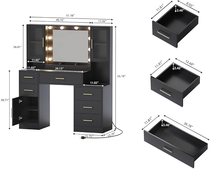 TOKSOM Makeup Vanity Desk with Mirror and Lights, 51" Makeup Vanity with Lights & Charging Station, Dressing Table Vanity Set for Bedroom, Vanity Table with 6 Drawers and 3 Cabinet Black