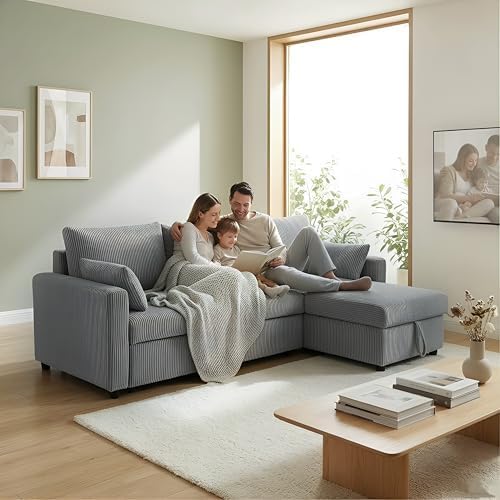 Sectional Sleeper Sofa with Pull Out Bed, L Shape Convertible Sofa Bed Couch with Storage Chaise, 3 in 1 Pull Out Sofa Bed with 3 Seats for Living Room,Apartment, Gray, 85Inch