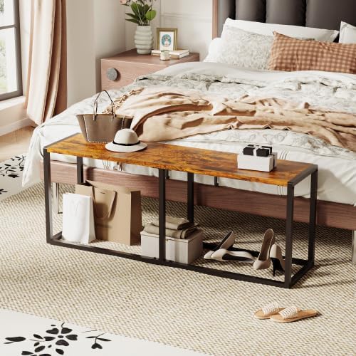 VINGLI Set of 2 Industrial Dining Benches, Rustic Brown Kitchen Table Benches w/Heavy Metal Frame, Non-Slip Foot Pads, Backless Dining Table Seating Benches for Entryway, Living Room & Small Spaces