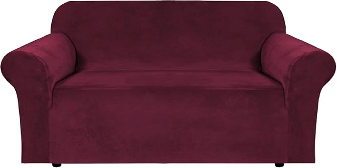 Velvet Stretch Sofa Slipcover 1-Piece Couch Sofa Cover Furniture Protector Soft with Elastic Bottom for Kids, Spandex Stretchy Fabric (Burgundy, Sofa Oversize)