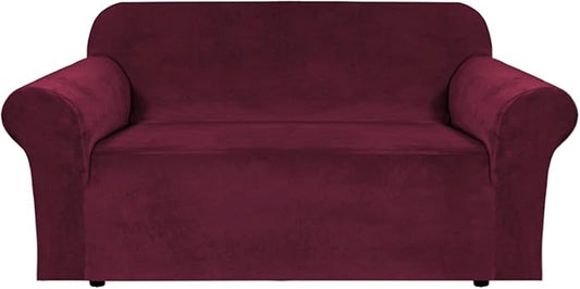 Velvet Stretch Sofa Slipcover 1-Piece Couch Sofa Cover Furniture Protector Soft with Elastic Bottom for Kids, Spandex Stretchy Fabric (Burgundy, Sofa Oversize)