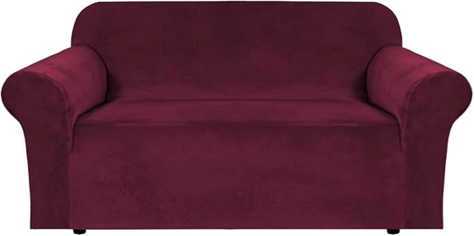 Velvet Stretch Sofa Slipcover 1-Piece Couch Sofa Cover Furniture Protector Soft with Elastic Bottom for Kids, Spandex Stretchy Fabric (Burgundy, Sofa)