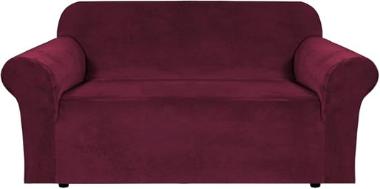 Velvet Stretch Sofa Slipcover 1-Piece Couch Sofa Cover Furniture Protector Soft with Elastic Bottom for Kids, Spandex Stretchy Fabric (Burgundy, Sofa)